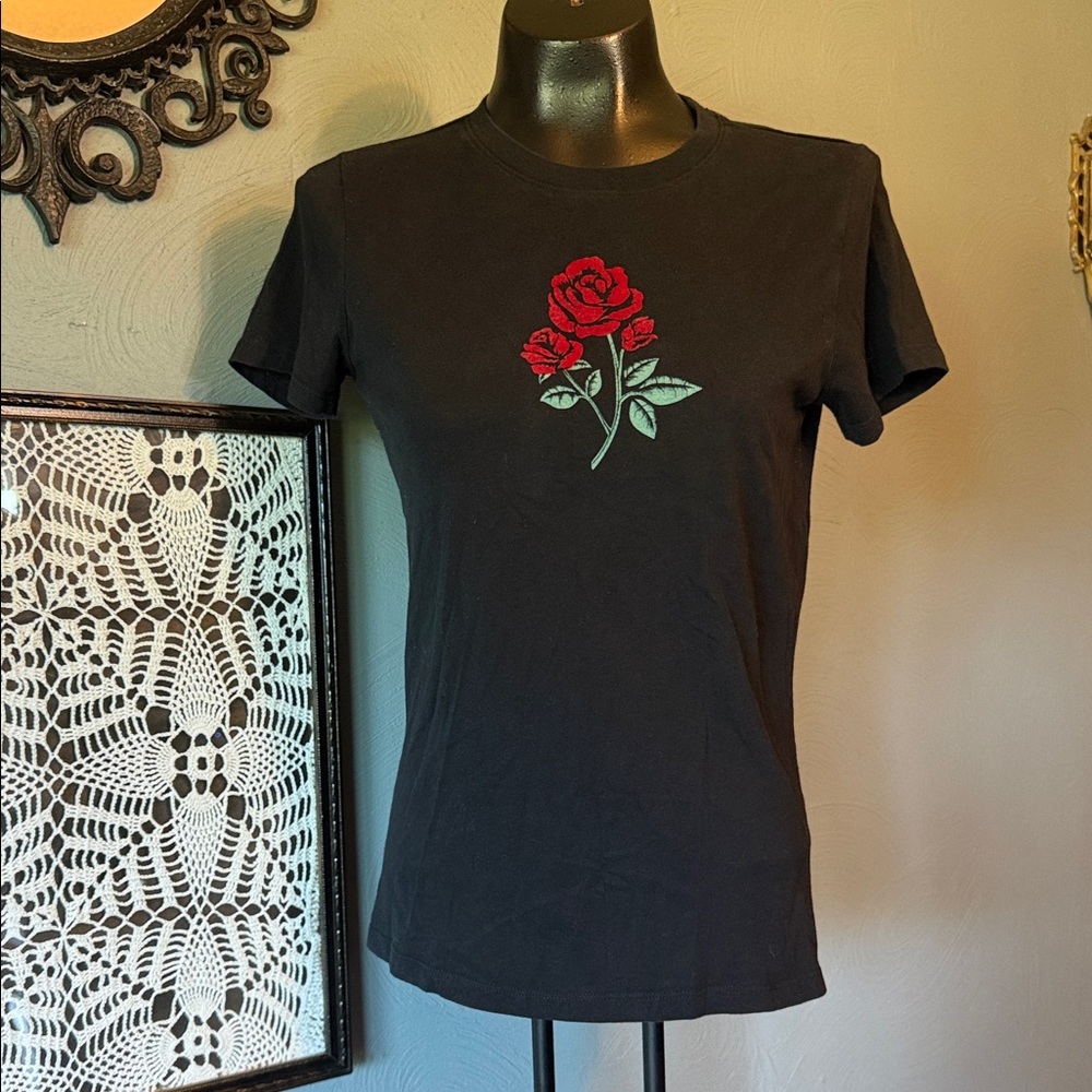 Aeropostale Black Short-Sleeve Tee with Red Rose Embroidery